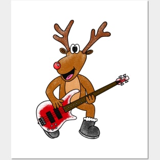 Christmas Bassist Rudolf The Reindeer Bass Guitar Posters and Art